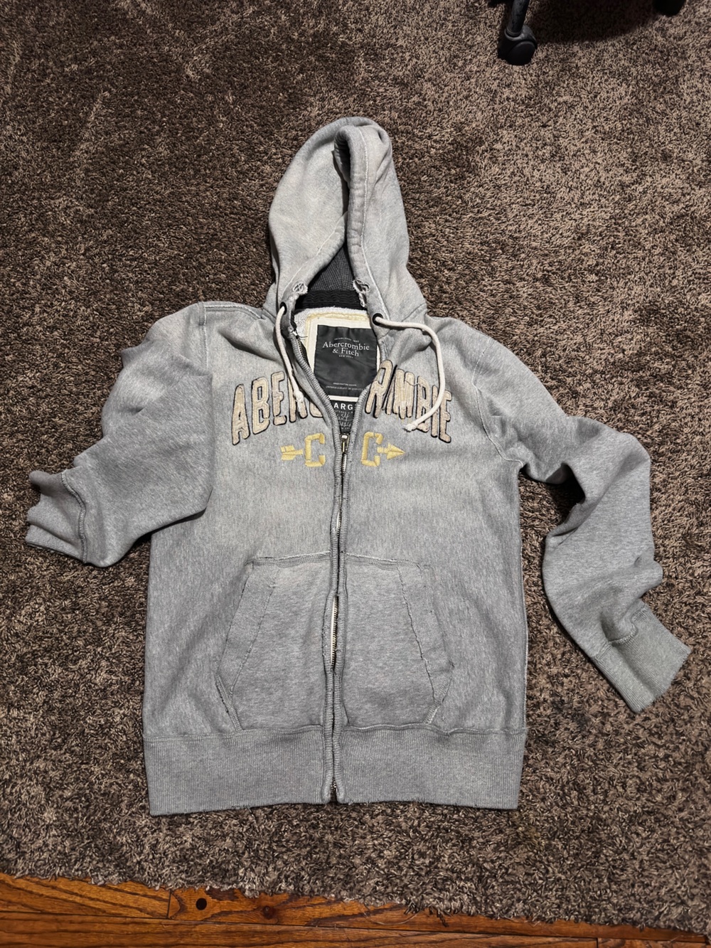 Abercrombie & Fitch Gray Hooded Zip Jacket with Yellow Accents